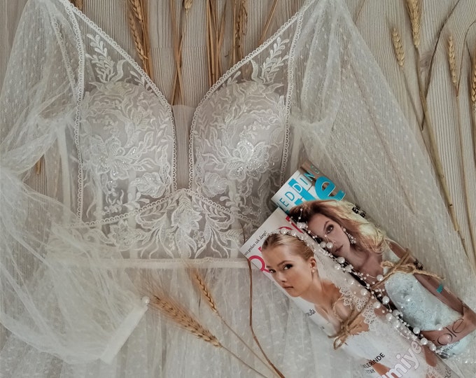 Wedding dress with open back,Long sleeve wedding dress,A-line wedding gown, Custom wedding dress,Transparent dress,Boho gown