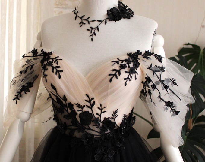 Black wedding dresses, Floral dress, Custom wedding dress, Bride, Fairy dress ,Princess gown, Black aline lace wedding dress, Black gown