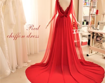 Red wedding dress,Unique wedding dress,Empire wedding dress,Custom wedding dress,V-neck dress ,Chiffon dress,Open sexy back,A-line dress