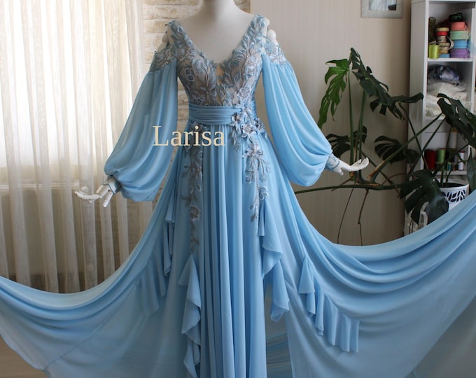 Long sleeve wedding dress, Floral wedding dress, Blue wedding dress, Wedding Boho Dress, Custom wedding dress,  Chiffon wedding dress, Bride