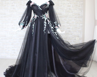 Black wedding dress,Floral wedding dress,Long sleeve,Alternative bridal dress,Custom black bridal gown,Romantic bridal dresses,Bridal gowns