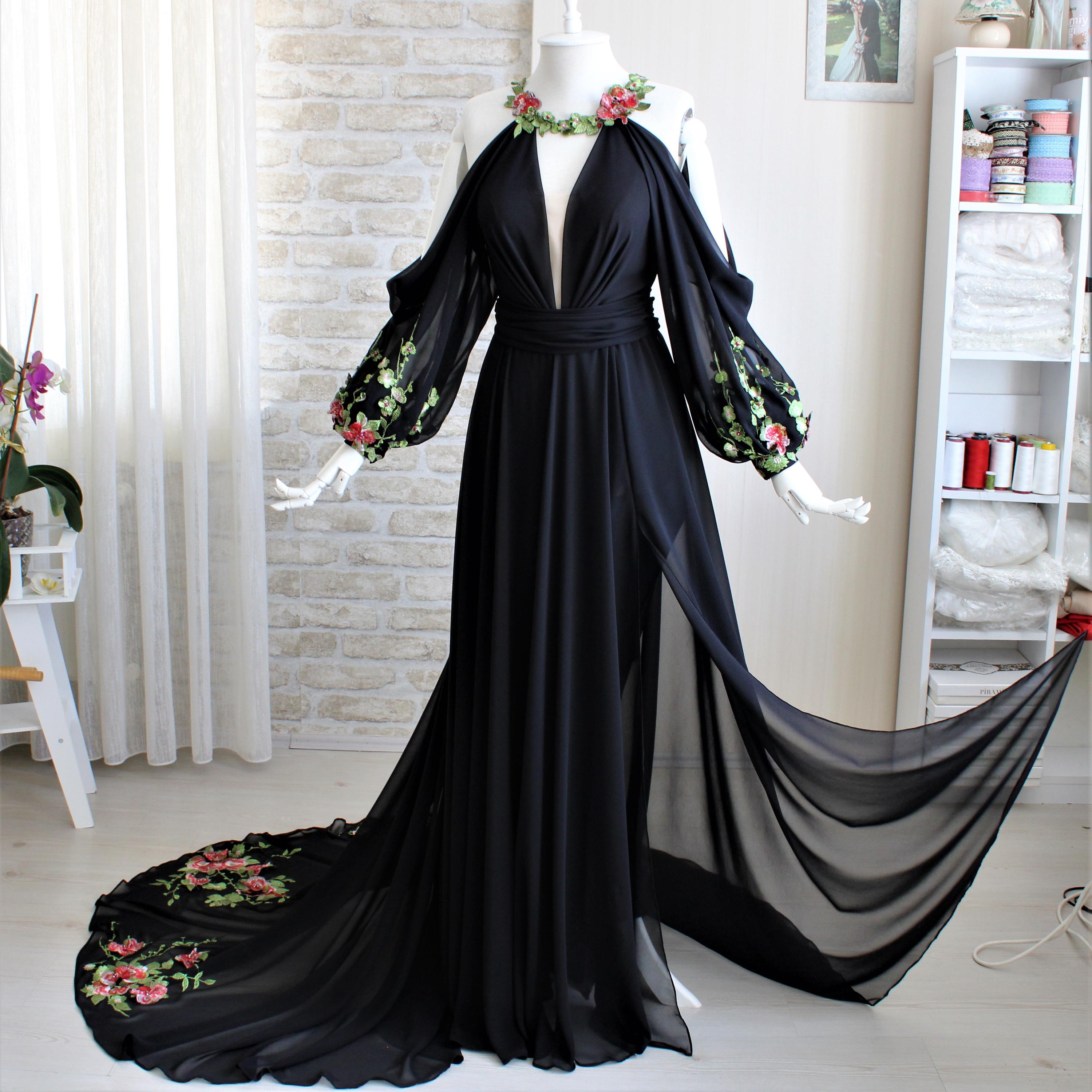 Black Wedding Dress, Floral Wedding Dress, Long Sleeve