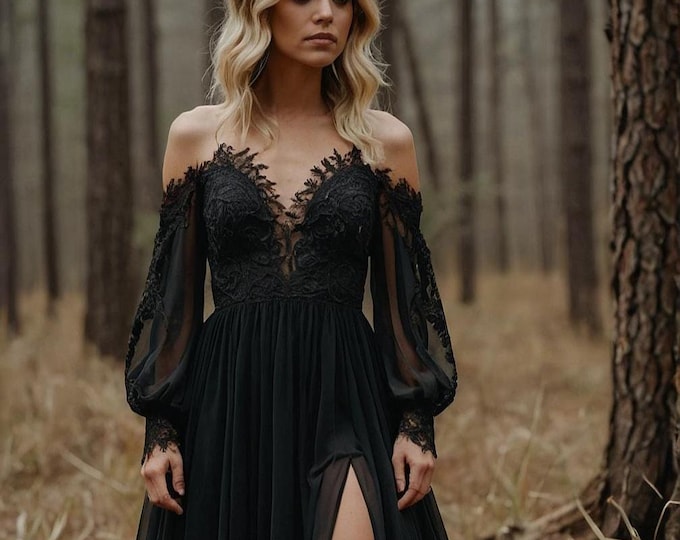 Black wedding dress, Gothic, Long sleeve,  Custom wedding dress, Bride, Black gown, Minimalist bridal gown, Boho wedding dress