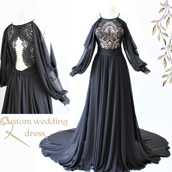 Black Wedding Dress long Sleeve Dresses chiffon Wedding Dress chiffon Lace Wedding Dress black Wedding Dress Bride custom Wedding Dress Etsy UK