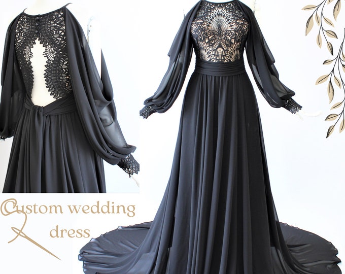 Black wedding dress,Long sleeve dresses,Chiffon wedding dress,Chiffon lace wedding dress,Black wedding dress bride,Custom wedding dress