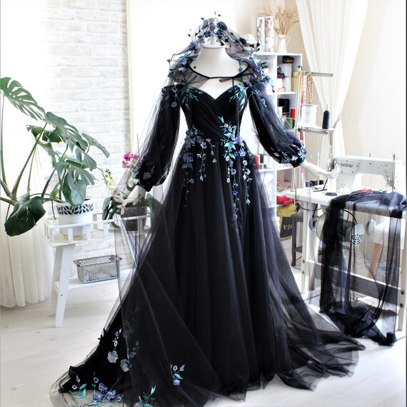 Black wedding dress, Long sleeve, Floral wedding dress,  Alternative bridal dress, Custom black bridal gown, Romantic bridal dresses, Bride