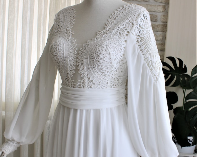Wedding dress long sleeve, Custom wedding dress, Boho wedding dress, Wedding dress open back, Plus size wedding dress, Chiffon wedding gown