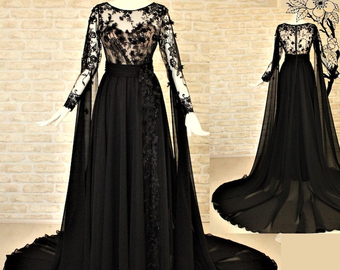 Black wedding dress, Long sleeve  wedding dress, Chiffon wedding dress, Black boho wedding dress, Custom wedding dress, Bride gown, Dresses