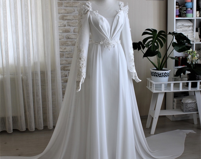Long sleeve wedding dress, Crepe, Custom wedding dress, Fairytale wedding dress, Satin, Lace, Gown, Bride, Romantic,