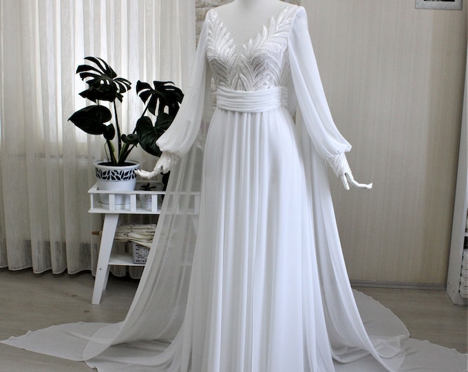 Long sleeve wedding dress,Chiffon wedding dress,Custom wedding dress,Romantic wedding dress,Fairytale wedding dress,Order a dress by size