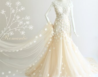 Short sleeve wedding dress,Mermaid lace dress,Order a dress by size,Custom wedding dress,Romantic dress with flowers