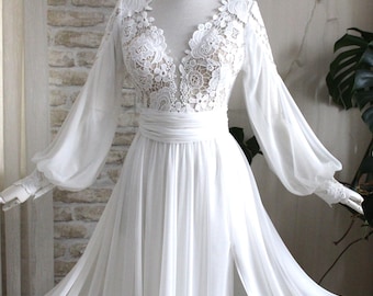Boho Lace Corset Wedding Dress, Long Sleeve Chiffon Gown