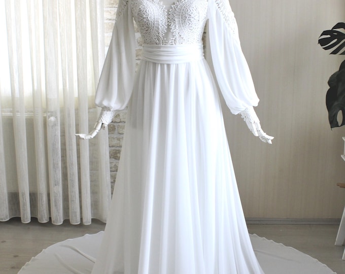Boho wedding dress long sleeve, Custom wedding dress, Rustic, Beach, Lace boho, Romantic Bride Gown