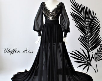 chinese dress ladies Edera Caped Black Chiffon A-Line Dress, Knee-Length S main image 0