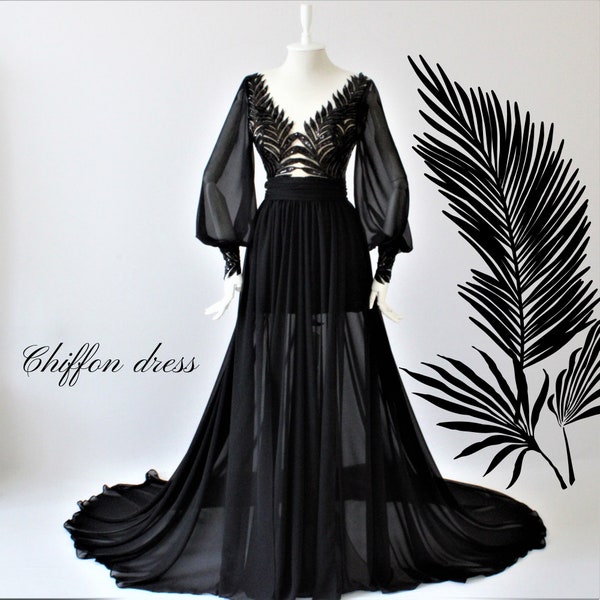 Black wedding dress, Long sleeves,Custom wedding dress, Black chiffon dress,Black boho,Black a-line dress,Open back dress