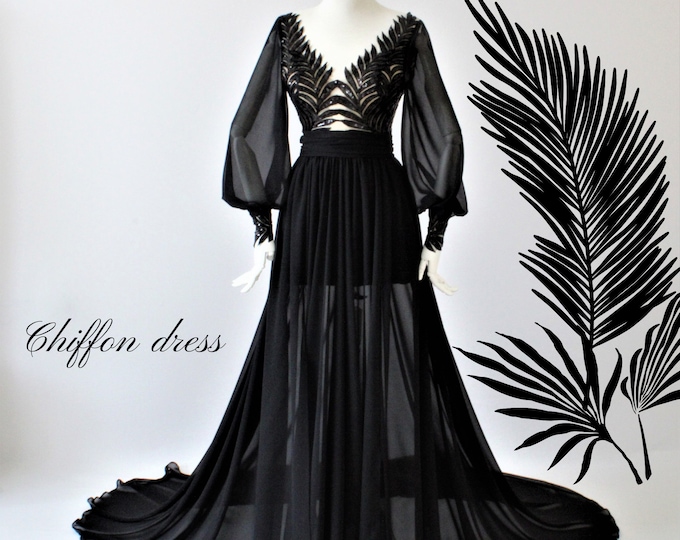 Black wedding dress, Long sleeves,Custom wedding dress, Black chiffon dress,Black boho,Black a-line dress,Open back dress