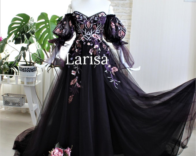 Black wedding dress, Floral  wedding dress, Custom wedding dress, Bride, Alternative wedding dress, Detachable sleeves dress, Fairy dress
