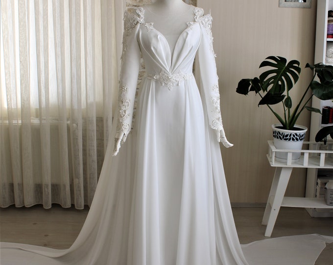 Wedding dress long sleeve,  Custom wedding dress, Fairytale wedding dress, Crepe wedding dress, Satin dress, Bride dress