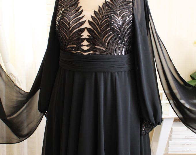 Custom wedding dress, Plus size dress, Bride, Black gown, Long sleeve, Empire style