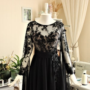 black chiffon wedding dress Berylove Women Lace Black Mother of the Bride Dress Chiffon Ruched One Shoulder Sheath Long Wedding Guest Dress with Cape, Black / US12 main image 1