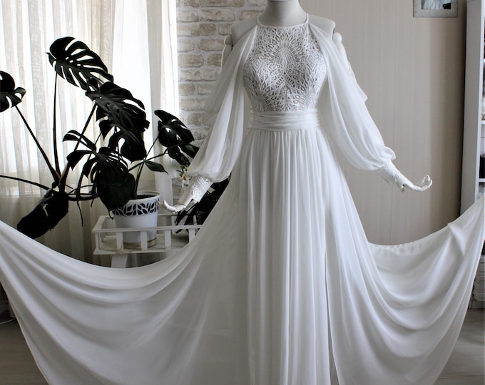 Halter wedding dress, Custom wedding dress, Long sleeve wedding dress, Beach wedding dress, Open back wedding dress, Bride, Minimalist dress