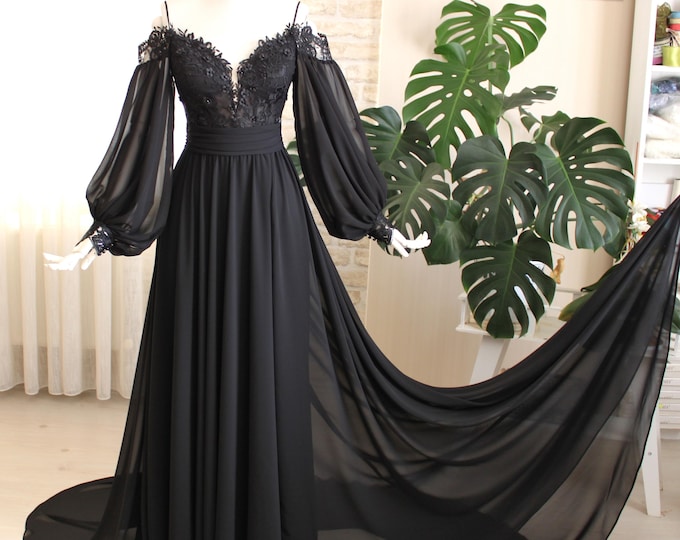 Black wedding dress, Floral dress, Custom wedding dress, Bride, Alternative wedding dress, Detachable sleeve dress, Fairy dress, Black gown