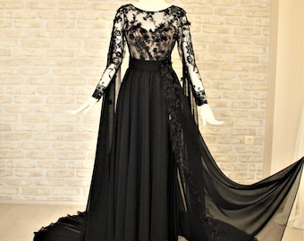 Black wedding dress,Long sleeve chiffon wedding dress,Chiffon black wedding dress,Black boho wedding dress,Custom wedding dress,Bride gown