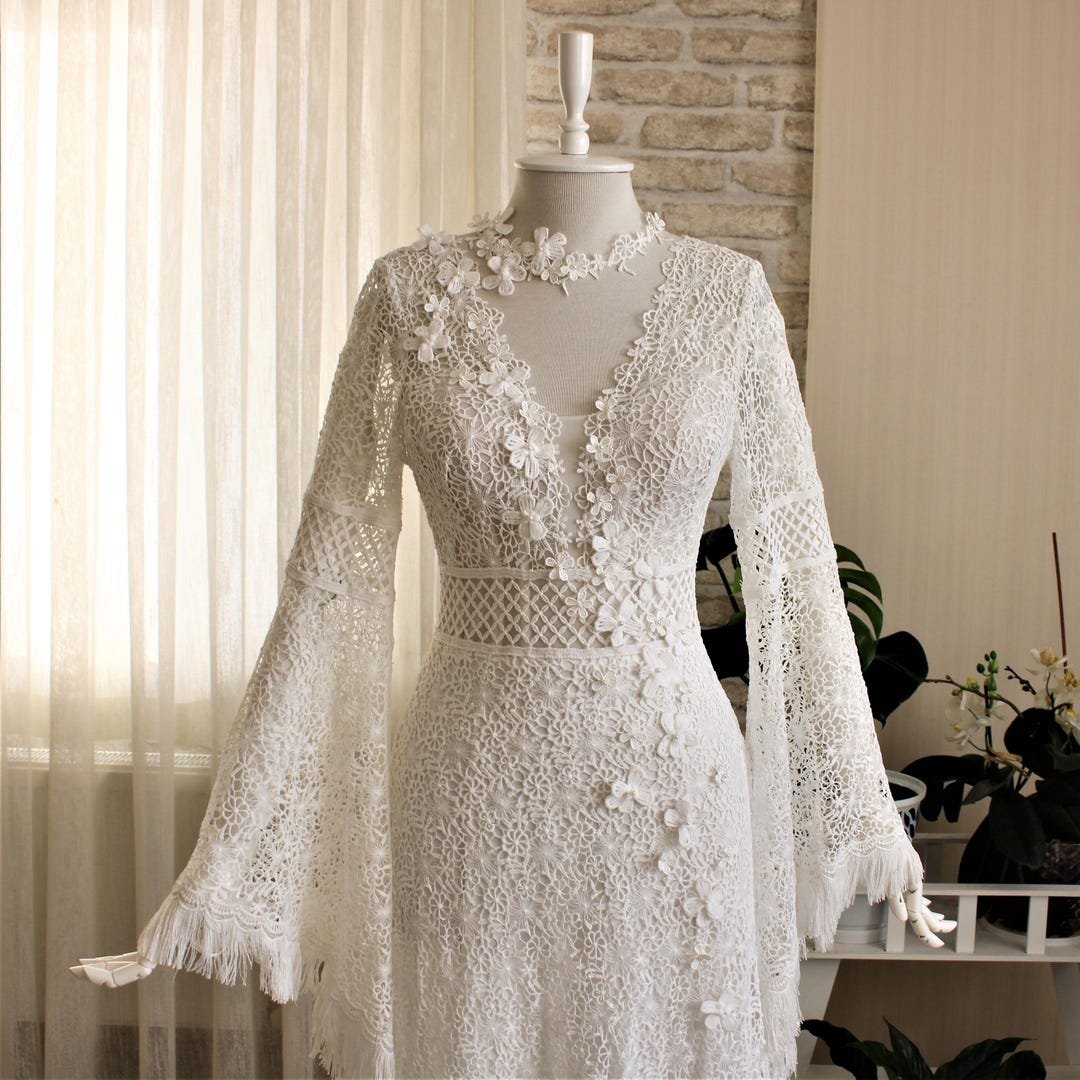 Flower Wedding Dress,long Sleeve Wedding Dress,boho Lace Wedding Dress ...