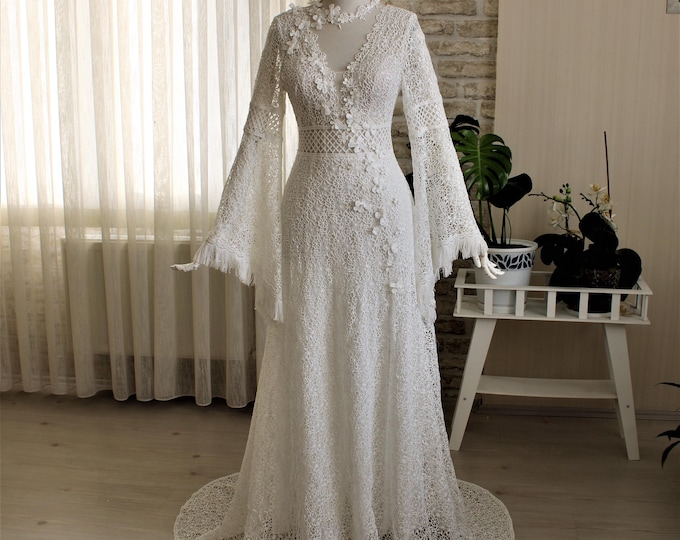 Boho Wedding Dress Long Sleeve, Lace Gown, Bride Dresses, Custom Wedding Dress, Romantic Bohemian, Favorite dress