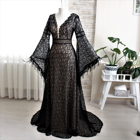 Black Wedding Dress, Long Sleeve, Boho Dress, Custom Wedding Dresses, Alternative Bridal Dress, Romantic Bridal Dresses, Bridal Gown