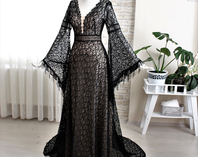 Black wedding dress,Long sleeve,Boho dress,Alternative bridal dress,Custom black bridal gown,Romantic bridal dresses,Bridal gown