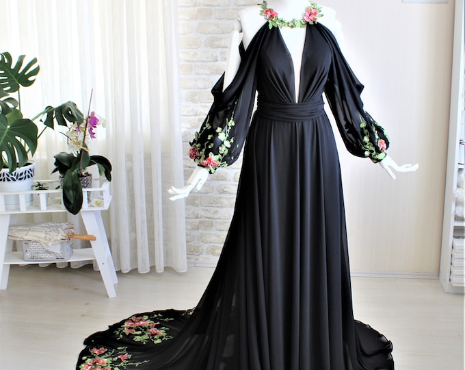 Black wedding dress, Floral wedding dress, Long sleeve, Alternative bridal dress, Custom wedding dress, Romantic bridal dress, Bridal gowns