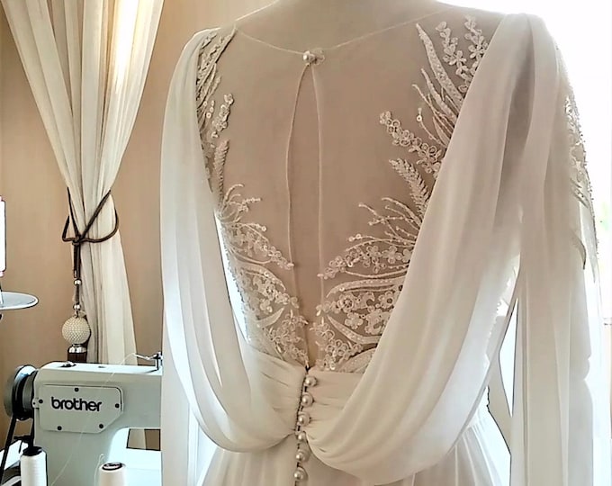Chiffon wedding dress with long sleeves,Chiffon and lace wedding dress,Minimalist wedding gown,Custom wedding dress,Boho chic wedding dress