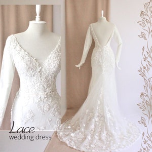 Wedding dress long sleeve,Minimalist wedding dress,Mermaid lace wedding dress,Wedding dress lace sleeves,Custom wedding dress,Bride's dress