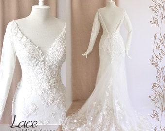 Wedding dress long sleeve,Minimalist wedding dress,Mermaid lace wedding dress,Wedding dress lace sleeves,Custom wedding dress,Bride's dress