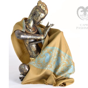 Authentic Camel Color Embroidered Pashmina Shawl • Pure Cashmere Handmade Scarf •