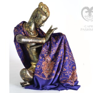 Authentic Blue Embroidered Pashmina Shawl • Pure Cashmere Handmade Scarf •