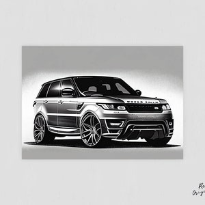 May include: A black and white illustration of a silver Range Rover SUV with large wheels. The car is drawn in a realistic style and has a sporty look.