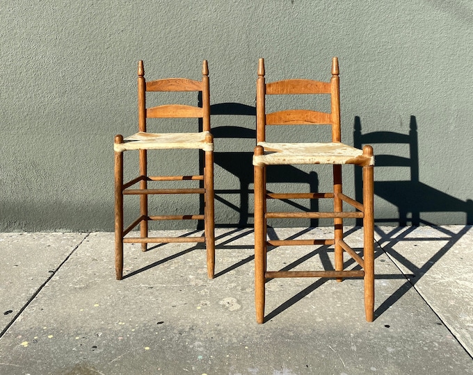 Vintage Raw Wood Bar Stools in Original Cowhide Seats Etsy