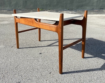Mid Century Trapezoid Travertine Stone top end side table attributed to Adrian Pearsall