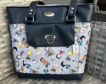 Handmade Kensley Tote: Charlie Brown Print, Black Vinyl Bag