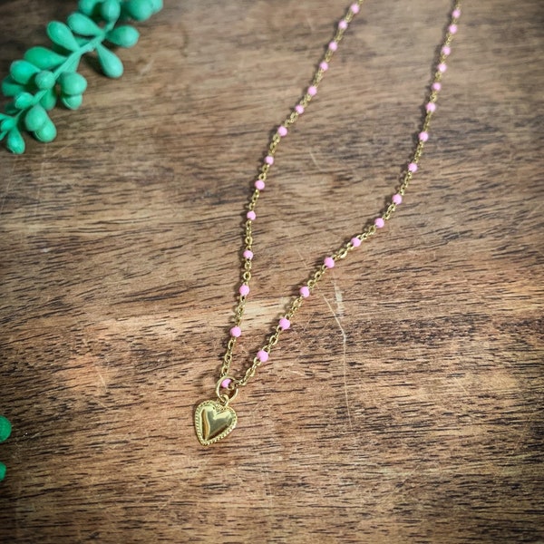Sweet Love necklace - Stainless Steel with Gold and Pink Enamel Accents and Heart Charm. Lead-free and Nickel-Free Jewellery