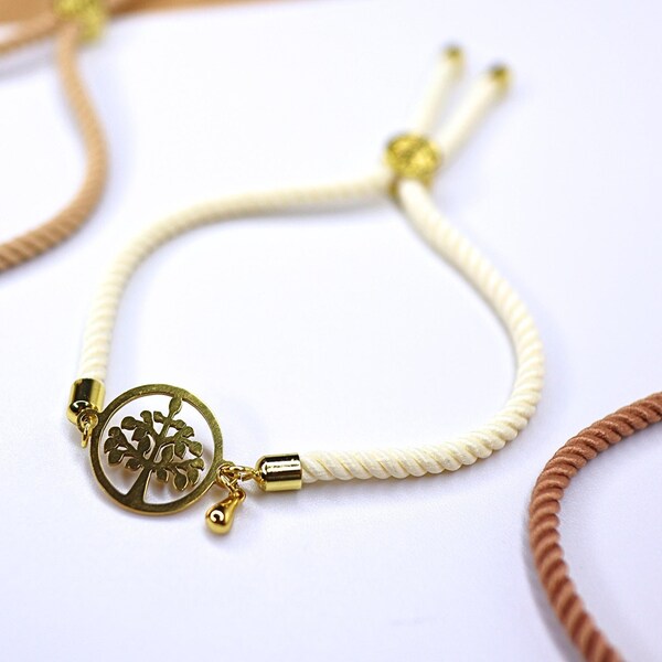 Tree of Life Bracelet: Nylon Cord Slider Bracelet with Golden Brass Ends
