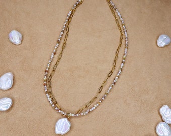 Freshwater Pearl Pendant Necklace: Boho Shell Double Strand, Gold Stainless Steel Chain
