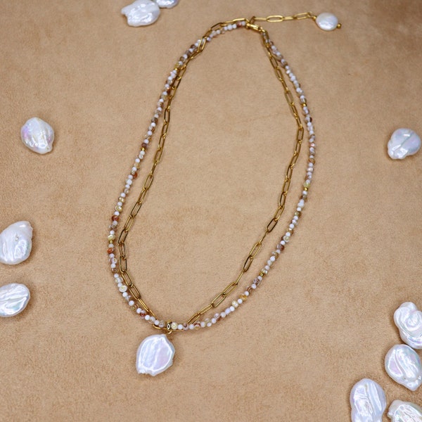 Freshwater Pearl Pendant Necklace: Boho Shell Double Strand, Gold Stainless Steel Chain