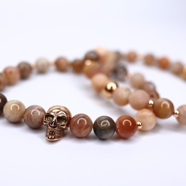 Unisex Sunstone Bracelet Set with Gold Stainless Steel Skull – Stretch bracelet