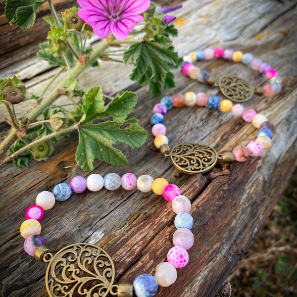 Handcrafted Rainbow Agate Stretch Bracelet: Antique Bronze Tree Charm