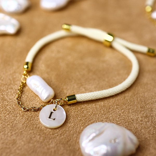 Personalized Keshi Pearl Bracelet – Twisted Cord, Initial Charm