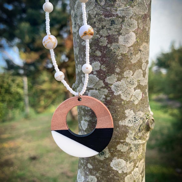 Handmade Walnut Pendant Necklace: Turquoise & Rocaille Beads, Antique Bronze