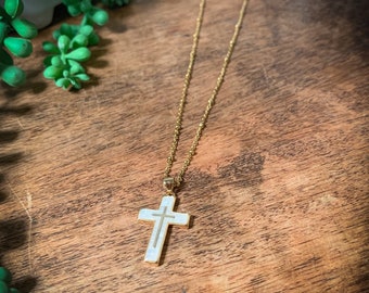 Freshwater Shell Cross Necklace: Gold Stainless Steel Satellite Chain